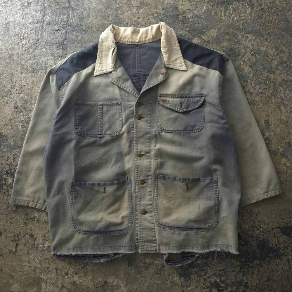 Vintage 80s Grey Cotton Faded Distressed Chore Jacket XL Made in Germany